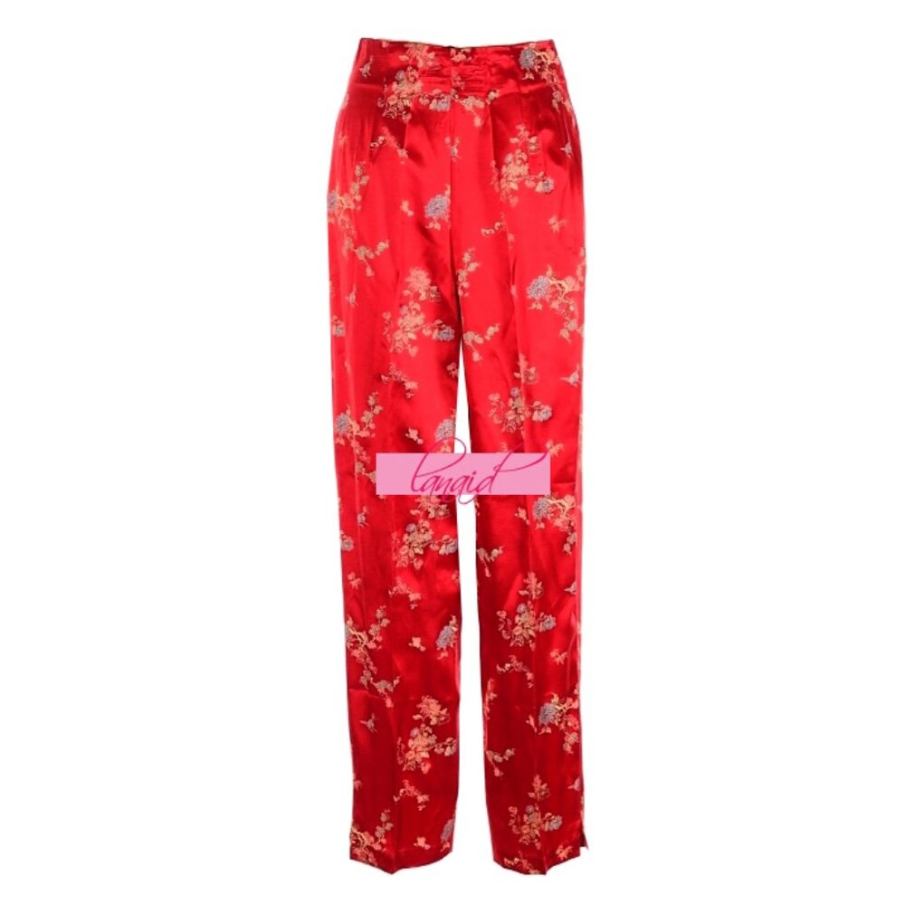 Chinese Oriental Asian Japanese Red Floral High-Rise Waist Shiny Sateen Slacks